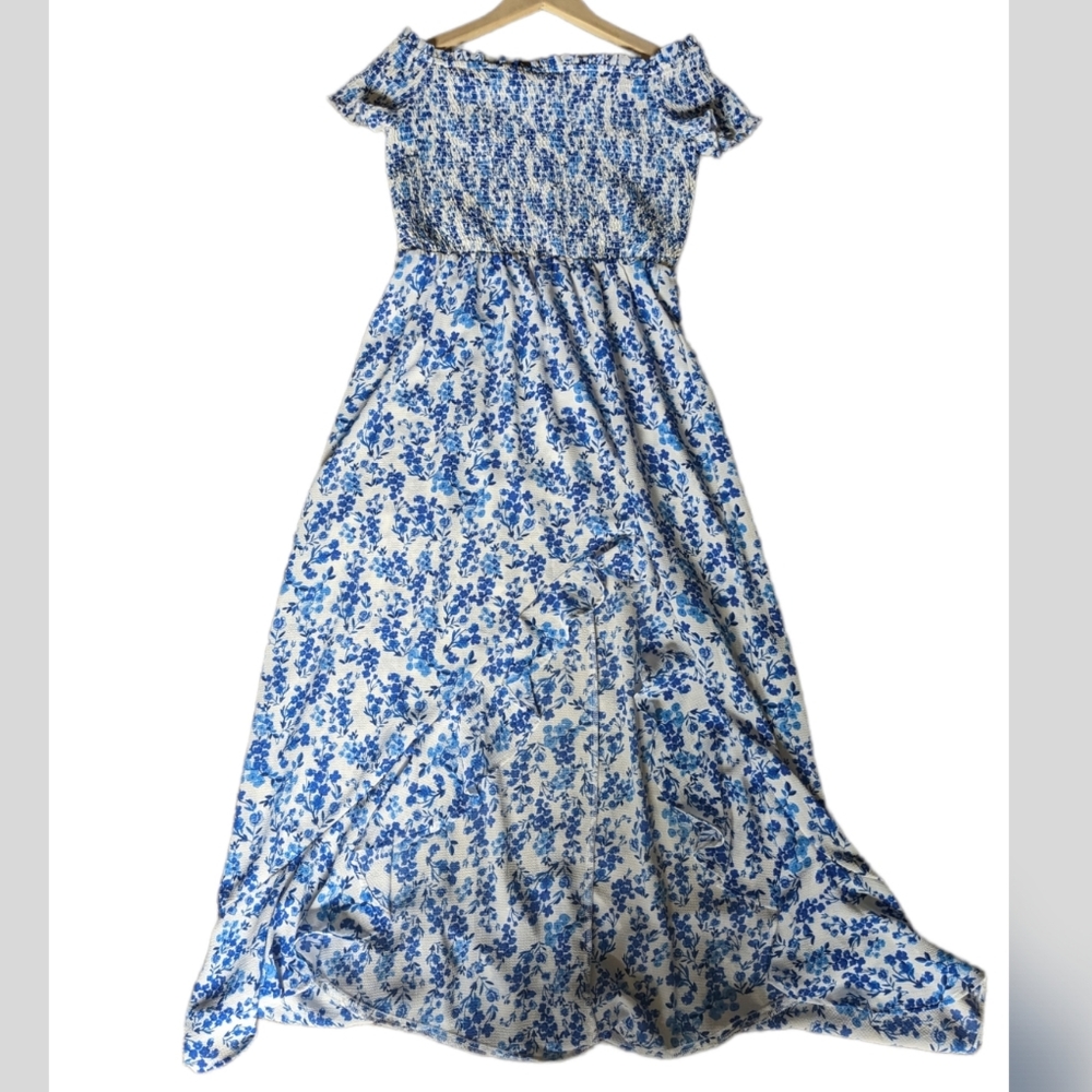 Blue and white  floral off shoulder dress